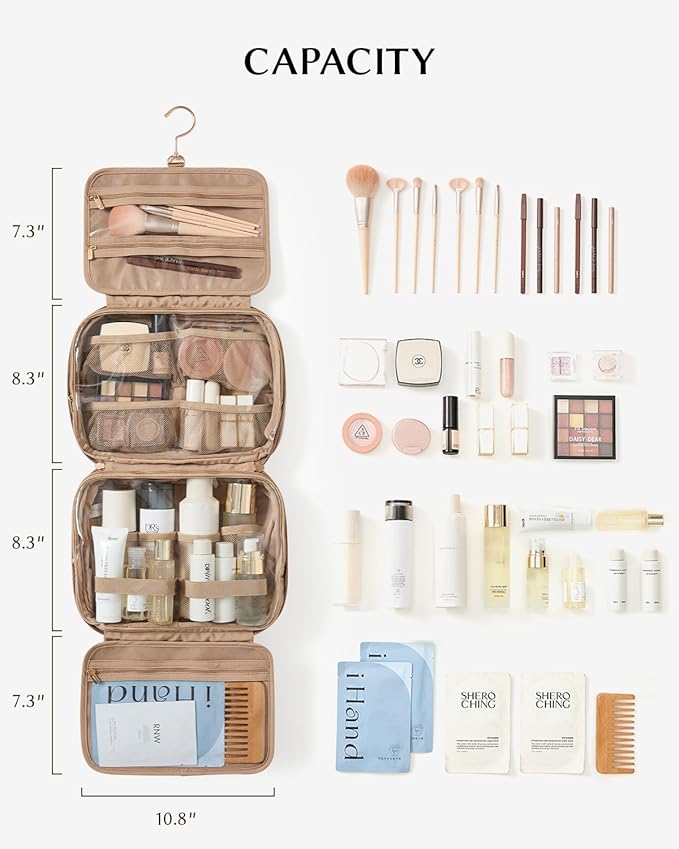 EACHY Travel Toiletry Bag with Hanging Hook, Portable Makeup Cosmetic Bags for Women, Water-Resistant Full-Size Travel Accessories (Pink)