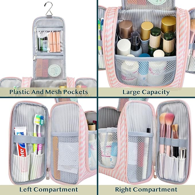 PAVILIA Toiletry Bag Travel Bag for Women Men, Hanging Cosmetic Organizer, Water Resistant Makeup Bag for Accessories Toiletries, Large Travel Essentials Kit (Pink Stripe)