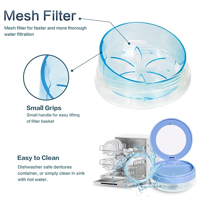 Leak Proof Dental Retainer Case, Denture Cleaning Case, Denture Bath Case, Denture Case, Retainer Cleaning Case Mouth Guard Perfect for Travel, Denture Cups for Soaking Dentures & Mirror (Blue)