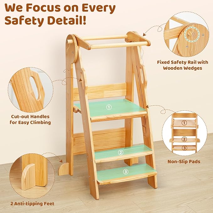 FUNLIO Foldable Kitchen Step Stool, Montessori Step Stool for Kids 2-6 Years, 3-Level Height Adjustable Standing Tower, CPC & CE, Easy to Assemble, Natural