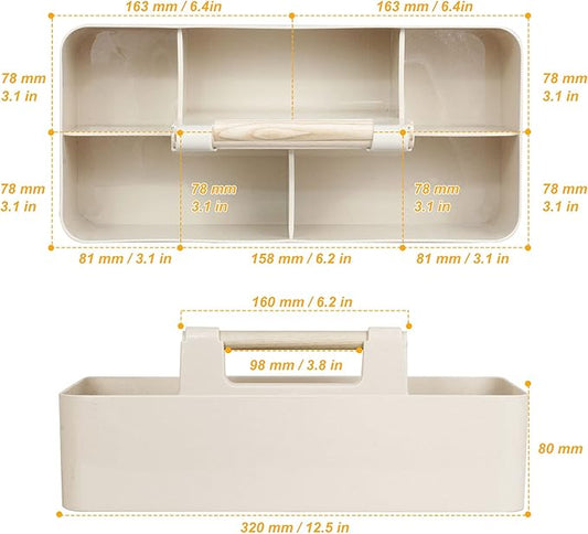 Baby Shower Caddy Plastic Nursery Portable Storage Organizer Caddy Tote for Child/Kids, Divided Basket Bin with Wood Handle for Bathroom, Dorm Room, Holds Hand Soap, Bottles, Spoons (Beige)