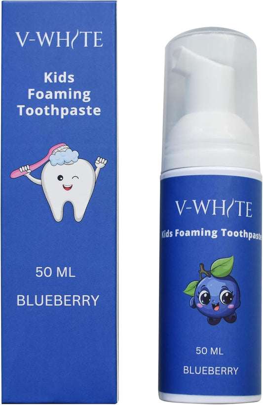 V-White Foam Teeth Whitening Toothpaste - Organic Toothpaste Fluoride Free, Alcohol Free, pH Balanced - Deep Cleansing, Stain Removal, Travel Friendly, for Kids & Adults (Large, Blueberry)