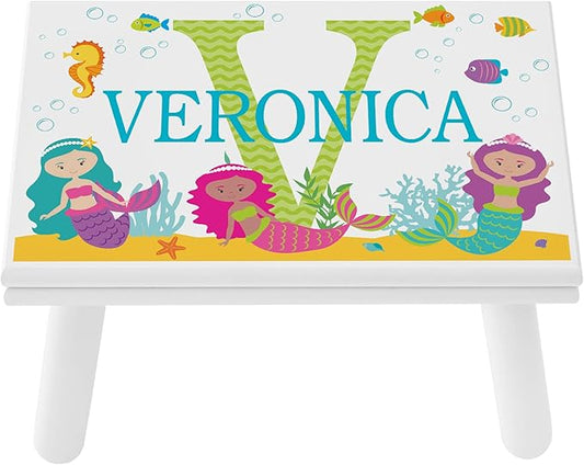 Let’s Make Memories Personalized My Own Name Step Stool - Children’s Step Stool - Sturdy Wood – Non-Toxic Paint, Sealer - Mermaid Design - White - 14’Wx9.25”Lx8.75”H - Ages 3+