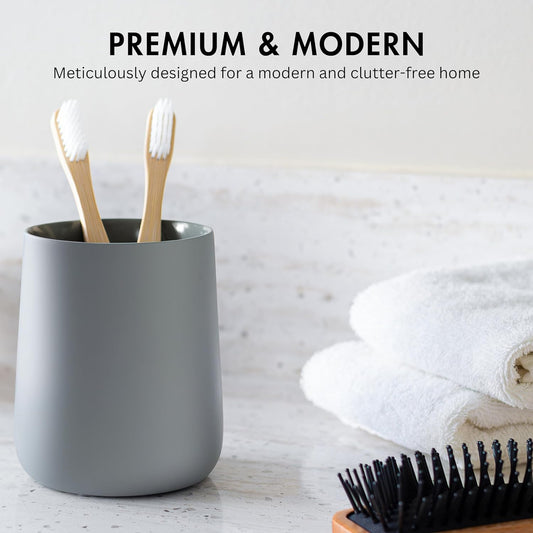 Matte Gray Toothbrush and Toothpaste Holder and Cup for Bathroom Vanity and Countertop, Round Organizer for Electric Toothbrushes, Floss, Razors, Cotton, and Mouthwash