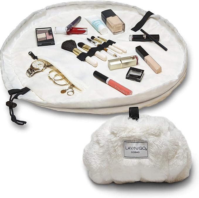 Lay-n-Go Cosmo Drawstring Cosmetic & Makeup Bag Organizer - Portable Drawstring Makeup Bag w/Zipper Pocket, Makeup Loops & More - Durable, Machine Washable Toiletry Bag (20", Comfort/White)