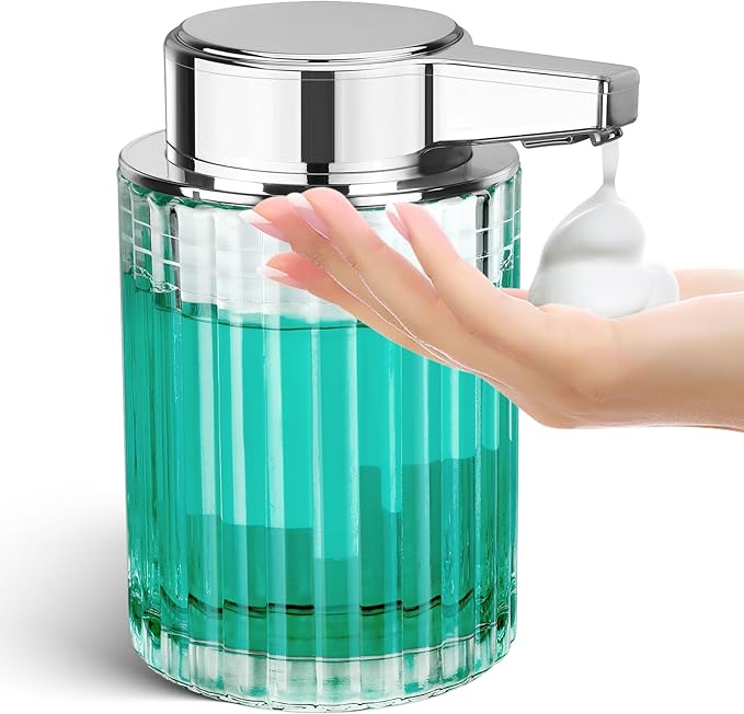 Automatic Soap Dispenser Foam for Bathroom: 8 OZ Glass Touchless Clear Auto Foaming Soap Dispenser for Kitchen - Hand Dish Lotion Home Countertop Kids - Family Couple