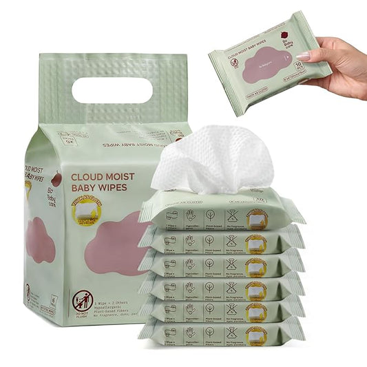 Bc Babycare Cloud Moist Baby Travel Wipes, 6 Pack, On The Go Pocket Size, Ultra Thick, 99% Water, Unscented, Hypoallergenic for Sensitive Skin, Biodegradable