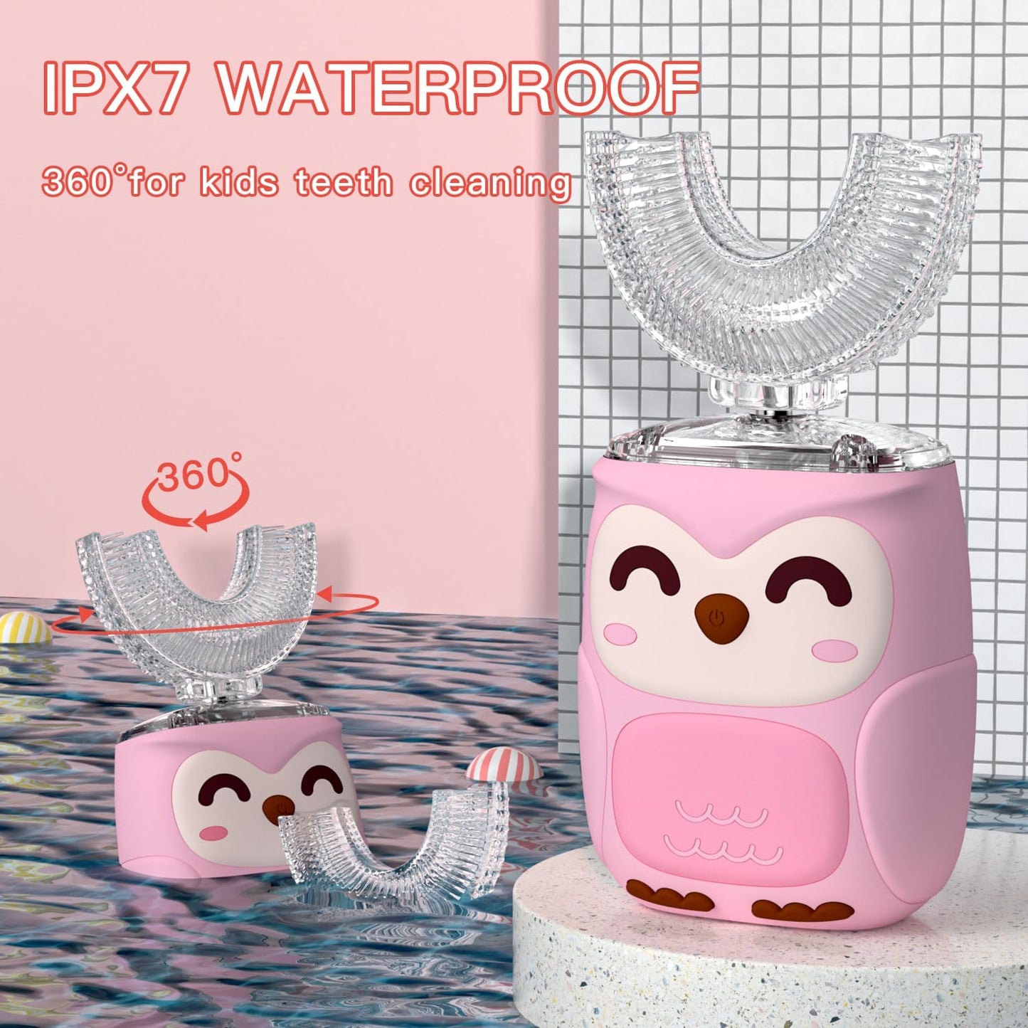 Kids Electric U Shaped Toothbrush Kids Sonic Toothbrush with 4 Soft Brush Head Automatic Full Mouth 6 Cleaning Mode-(Age8-15 Pink)