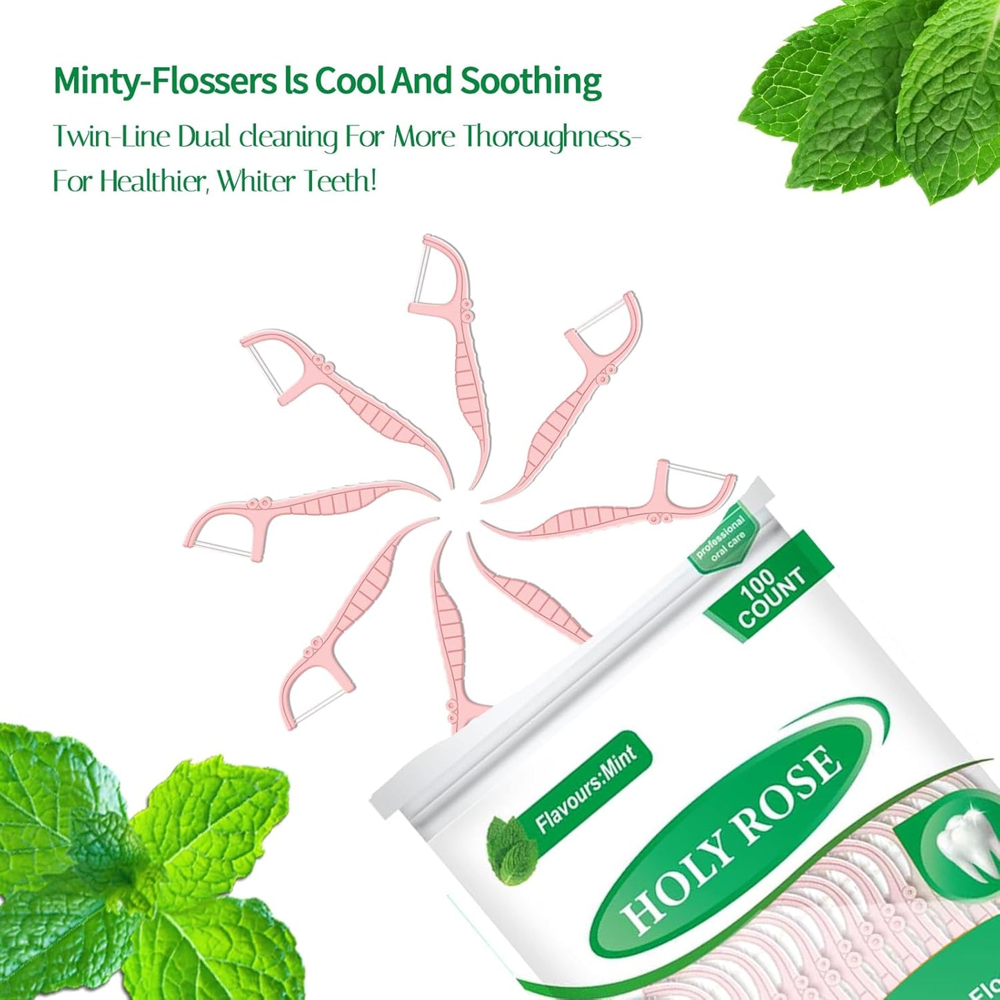 Holy rose Dual-Line Dental Floss Picks - Pink Flossers 300 Count,End with Toothpick - Mint Flavored for Oral Cleaning & Fresh Breath-and Ideal for Daily Teeth Care