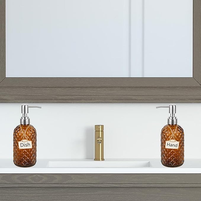 16 oz Diamond Pattern Glass Soap Dispenser, Kitchen and Bathroom Refillable Soap Dispenser with Rust Resistant Stainless Steel Pump for Hand Soap, Lotion Glass Liquid Dispenser(Amber-2pack)