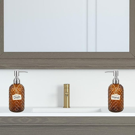 16 oz Diamond Pattern Glass Soap Dispenser, Kitchen and Bathroom Refillable Soap Dispenser with Rust Resistant Stainless Steel Pump for Hand Soap, Lotion Glass Liquid Dispenser(Amber-2pack)