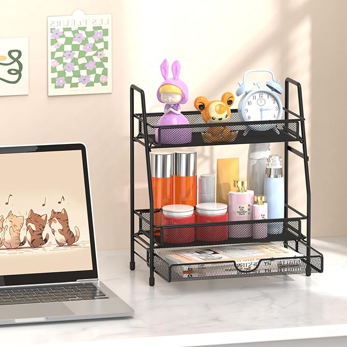 2-Tier Bathroom Counter Organizer with Drawer, Bathroom and Makeup Organizer Countertop, Easy to Install, Ideal for Bathroom organizer, Vanity, Large Skincare, Perfume, Present, and More,Black