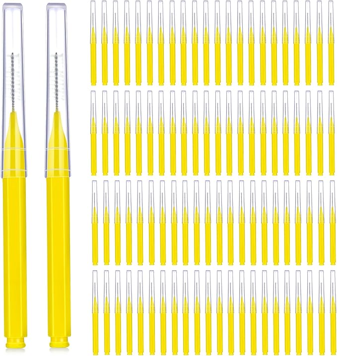 Patelai 100 Pieces Braces Brush for Cleaner Interdental Brush Toothpick Dental Tooth Flossing Head Oral Dental Hygiene Flosser Toothpick Cleaners Tooth Cleaning Tool(Yellow,Portable Size)