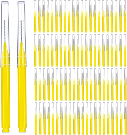 Patelai 100 Pieces Braces Brush for Cleaner Interdental Brush Toothpick Dental Tooth Flossing Head Oral Dental Hygiene Flosser Toothpick Cleaners Tooth Cleaning Tool(Yellow,Portable Size)