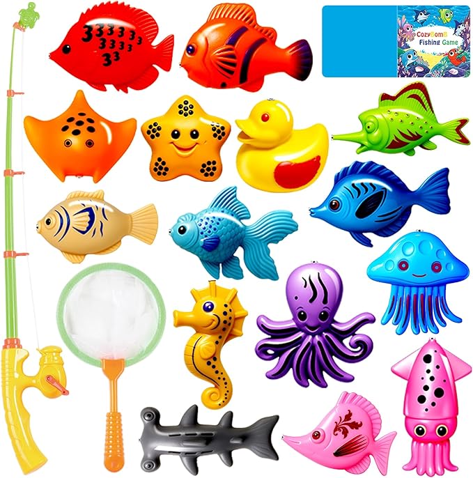 CozyBomB™ Magnetic Fishing Toys Game Set for Kids | Water Table Bathtub Kiddie Pool Party Pole Rod Net, Outdoor Plastic Floating Fish, Toddler Bath Color Ocean Sea Animals Birthday Gift Age 3-5 6 4-8