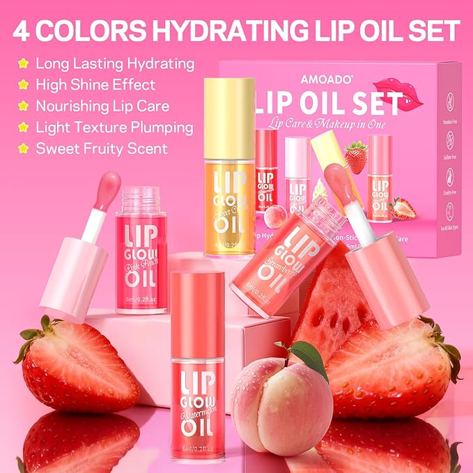 Lip Oil, Tinted Lip Glow Oil – Hydrating & Nourishing, Lip Oils Gift Set, Fruity Plumping Lip Oil Non-Sticky & Glossy Finish, 4 Colors Lip Oils Stain for Girls and Women - Moisturizing Gloss