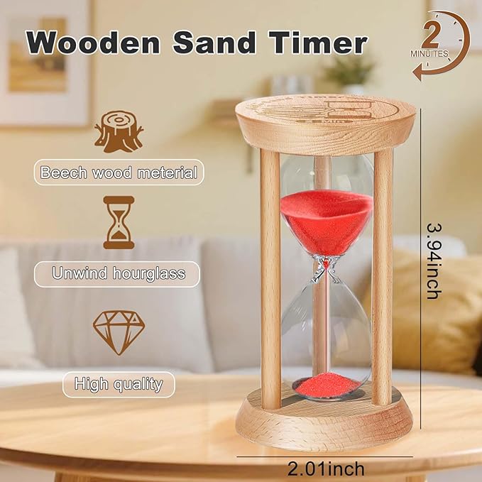 SuLiao Wooden Sand Timer 2 Minute Hourglass, Wood Red Sand Clock, Small Watch 2 Min Timer, Hour Glass Sandglass for Home, Reloj De Arena, Office, Decorative, Game, Classroom