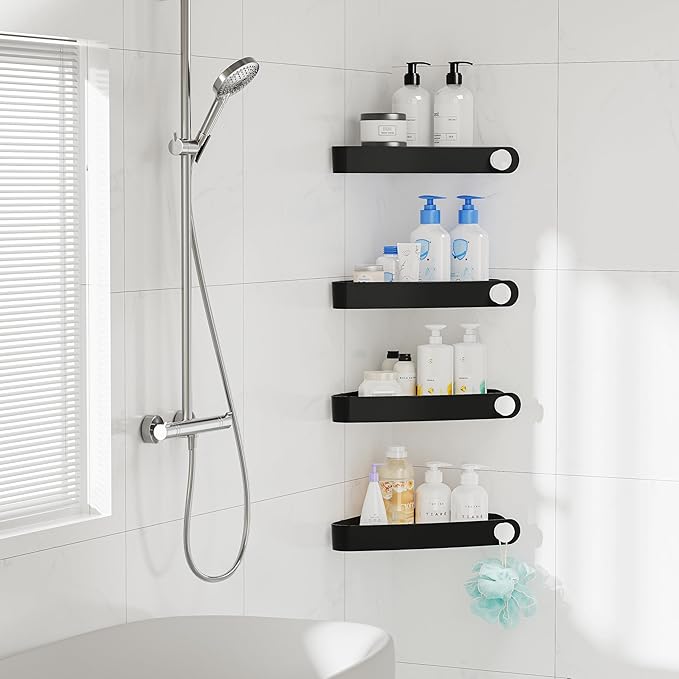 Sotfamily Shower Caddy Corner, 4 Pack Adhesive Corner Shower Shelves for Bathroom Organizers and Storage, Rust Free Plastic Rack for Bathroom Accessories & Decor, Black