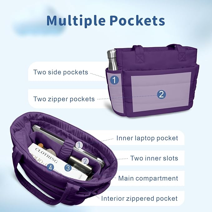 TOPDesign Puffer Tote Bag for Women, Lightweight Puffy Handbag with Compartments, Quilted Shoulder Bag for Work, Travel, Gym