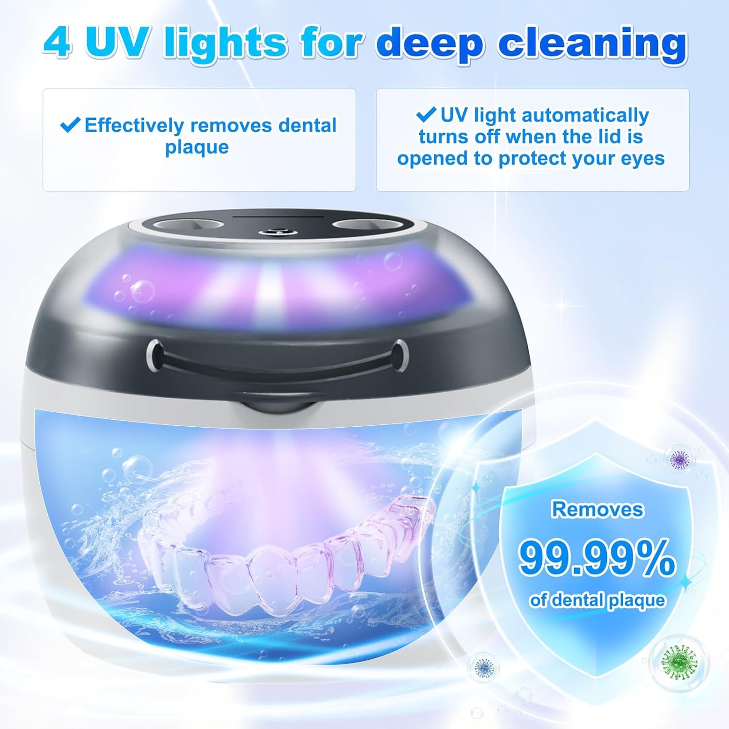 2025 Ultrasonic Retainer Cleaner, 4 UV Lights, 45kHz Deep Clean, Retainer Cleaner Machine for Dentures, Anti Grinding Mouth Guard, Braces, Toothbrush Heads, Toothbrush