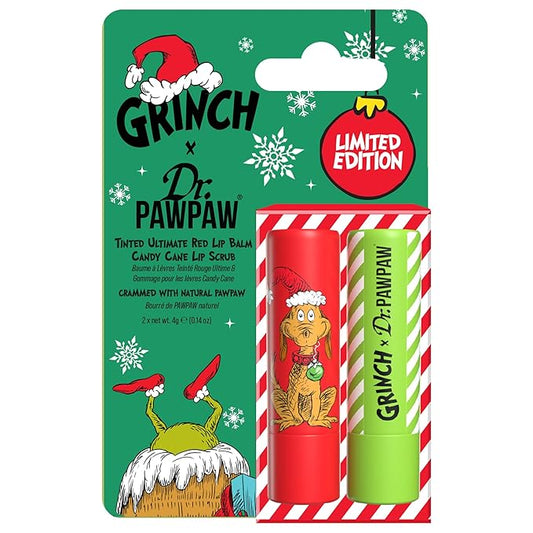 Dr. PawPaw The Grinch Set - Candy Cane and Ultimate Red - Lip Scrub and Natural Lip Balm - Gluten Free Care to Exfoliate, Moisturize, Nourish - 2 pc