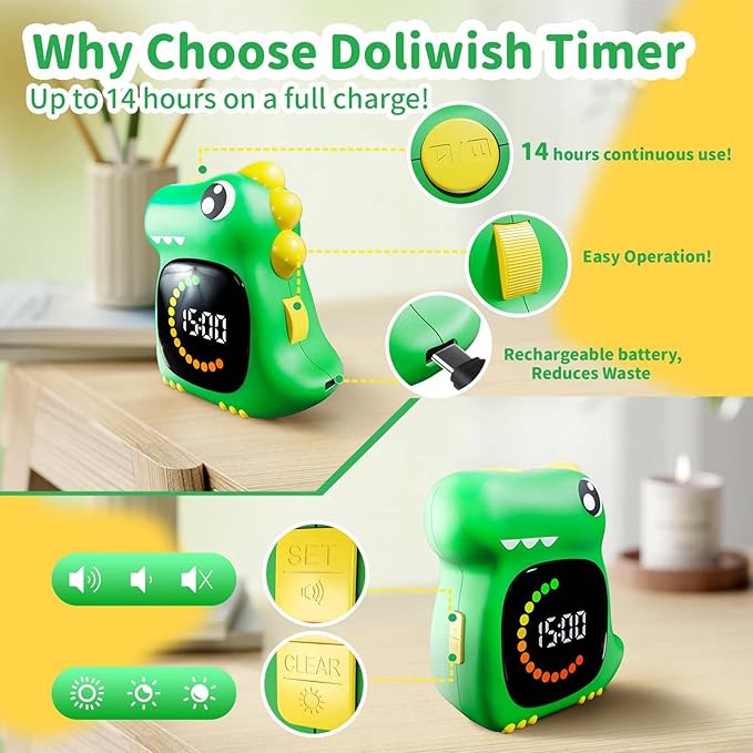 Visual Timer for Kids Dinasour Shape Toddler Timer LED Digital Timer for Classroom