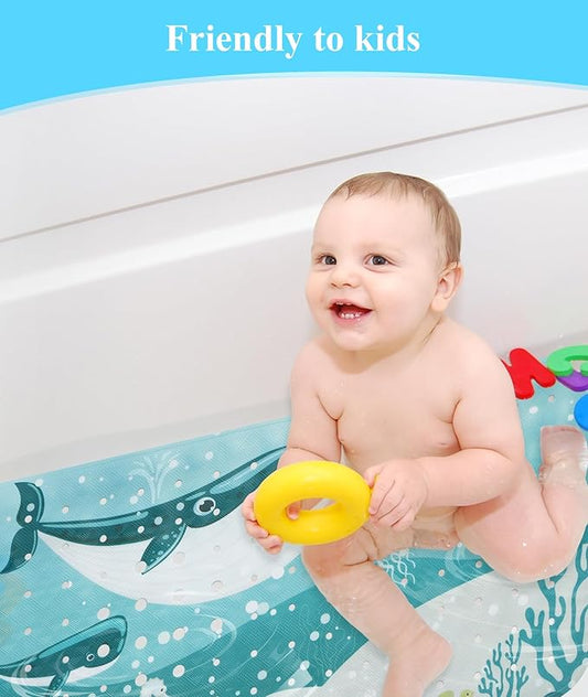 Bath Mat for Tub Non Slip, Machine Washable Anti-Slip Cartoon Baby Bathtub Shower Mat with Drain Holes and Suction Cups for Toddler & Kids, 40 Inch x 16 Inch, Whales
