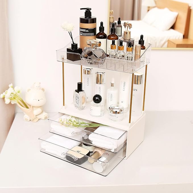 2-Tier 2-Drawer Bathroom Countertop Organizer, Multi-Purpose Makeup Organizer for Vanity, Large Skincare Countertop Organizer, Cosmetic Display Case for Dresser, Elegant Gifts for Women, Clear