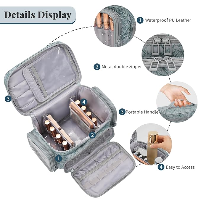 Large Makeup Bag, Portable Travel Makeup Bag Organizer for Women Girls with Makeup Brush Compartment & Two Side Pockets, Cosmetic Travel Bag Vertical Storage Toiletry - Floral Blue