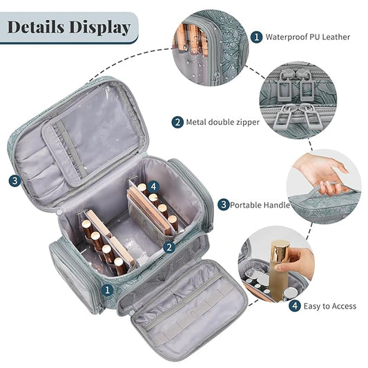 Large Makeup Bag, Portable Travel Makeup Bag Organizer for Women Girls with Makeup Brush Compartment & Two Side Pockets, Cosmetic Travel Bag Vertical Storage Toiletry - Floral Blue