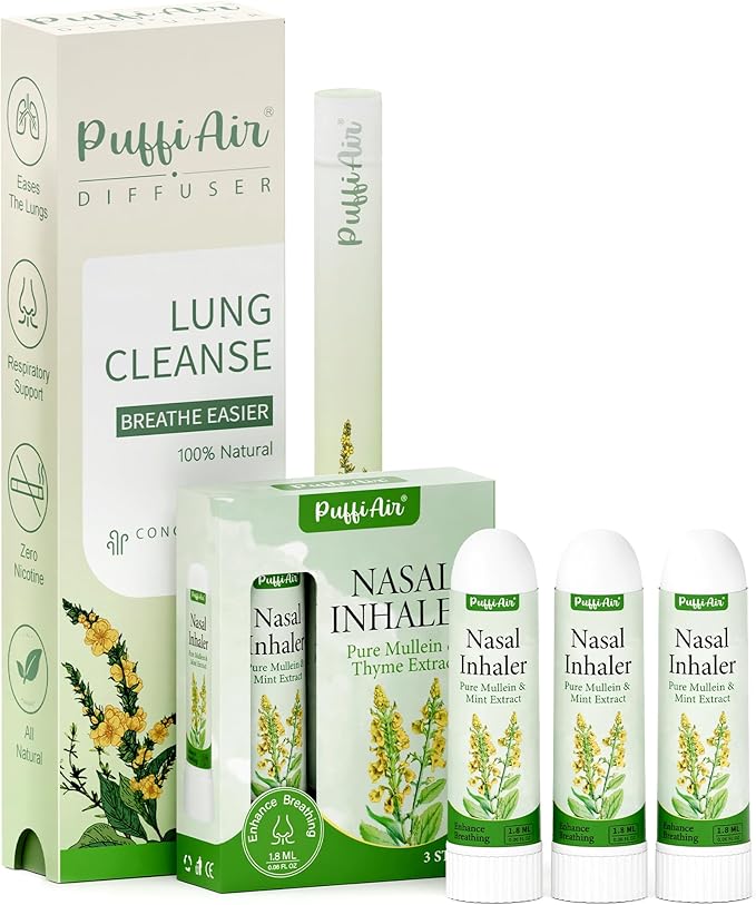 Mullein Respiratory Wellness Bundle: Herbal Lung Detox Diffuser (600 Uses) + 3-Pack Nasal Sticks – Craving Relief, Focus Boost & Easy Breathing