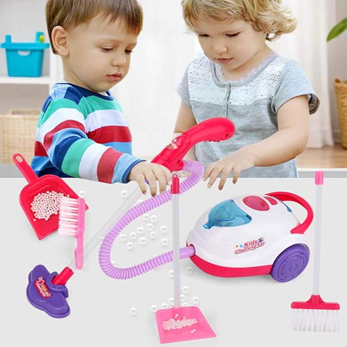 Kids Cleaning Toy Set, Includes Toy Vacuum, 2 Broom, 2 Dustpan ABS Vacuum with Light & Sound Battery Operated for Educational Pretend Play