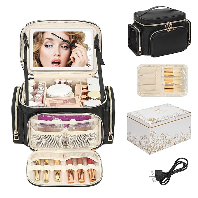 Large Makeup Bag with LED Mirror, Travel Makeup Bag Organizer for Women Girls with Makeup Brush Compartment & Two Side Pockets, 3 Color Lights Cosmetic Toiletry Bag- Leather Black