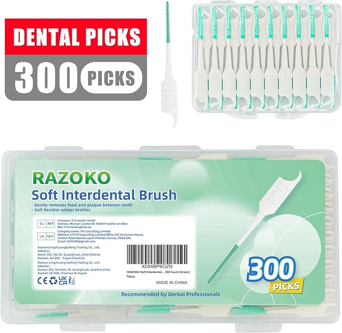 RAZOKO Soft Interdental Brushes Original, Dental Picks for Cleaning Teeth, Disposable Interdental Brushes, with Convenient Carry Case (Green, 300 Count)