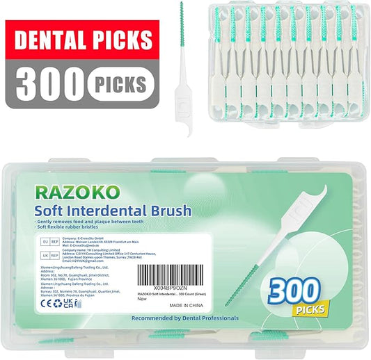 RAZOKO Soft Interdental Brushes Original, Dental Picks for Cleaning Teeth, Disposable Interdental Brushes, with Convenient Carry Case (Green, 300 Count)