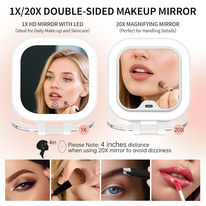 FUNTOUCH Travel Magnifying Mirror with Light, 20X/1X/ Magnifying Makeup Mirror Set, 3 Light Settings & Adjustable Brightness,Rechargeable Folding Compact Double Sides Mirror for Home & Travel, White