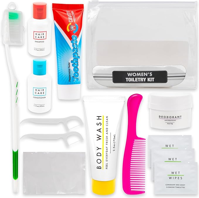 Trail maker (25 Kits) Homeless Care Package Supplies Bulk Summer Hygiene Travel Kits for Women, 15 Piece Travel Size Toiletries, Homeless Supplies in Bulk for Charity