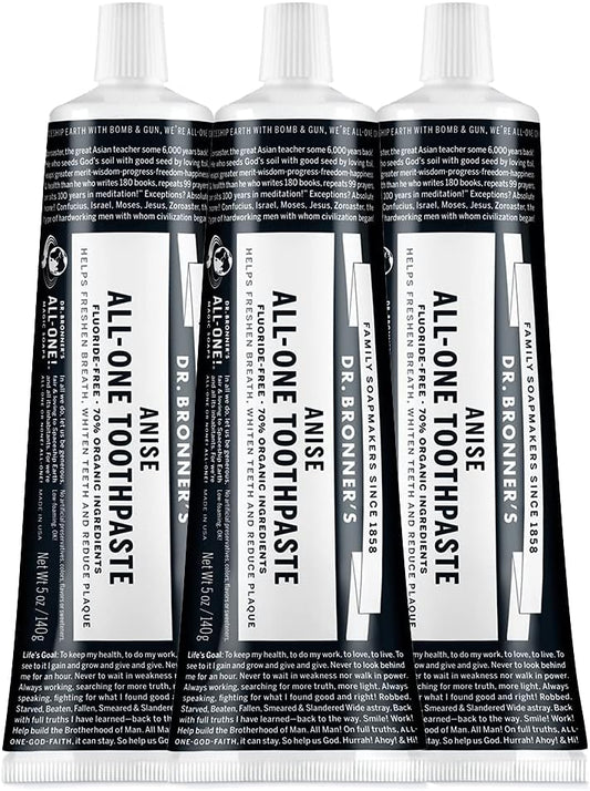 Dr. Bronner’s - All-One Toothpaste (Anise, 5 Ounce, 3-Pack) - 70% Organic Ingredients, Natural and Effective, Fluoride-Free, SLS-Free, Helps Freshen Breath, Reduce Plaque, Whiten Teeth, Vegan