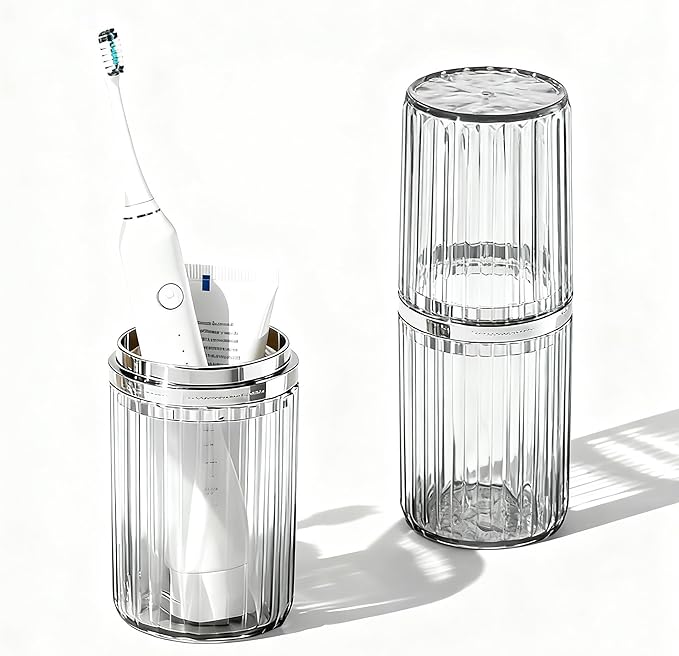 Travel Toothbrush Holders, 2-in-1 Multifunction Dustproof Portable Toothbrush Cup & Toothpaste Storage Container, Toothbrush Case for Traveling Bathroom Camping Business Trip School (Clear)
