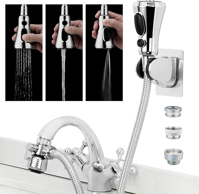 CECEFIN Kitchen Faucet Hose Attachment, Sink Sprayer Replacement Head with 4.9 Ft Stainless Steel Hose, Water Saving Aerator with 3-Way Diverter Valve for Hair Washing Laundry Room and Pet Shower