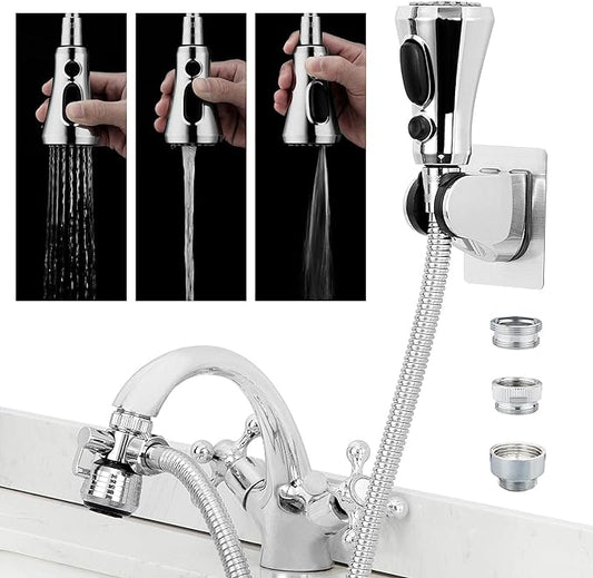 CECEFIN Kitchen Faucet Hose Attachment, Sink Sprayer Replacement Head with 4.9 Ft Stainless Steel Hose, Water Saving Aerator with 3-Way Diverter Valve for Hair Washing Laundry Room and Pet Shower