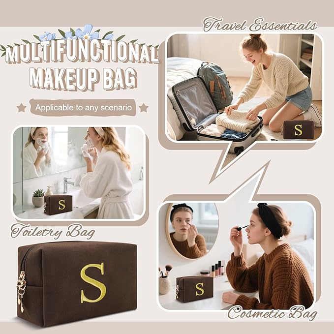 Personalized Initial Makeup Bag,Preppy Suede Cosmetic Bag for Teen Girls,Small Monogram Travel Toiletry Bag With Gold Embroidered Letter,Trendy Stuff Custom Christmas Gift for Women(Coffee-S)