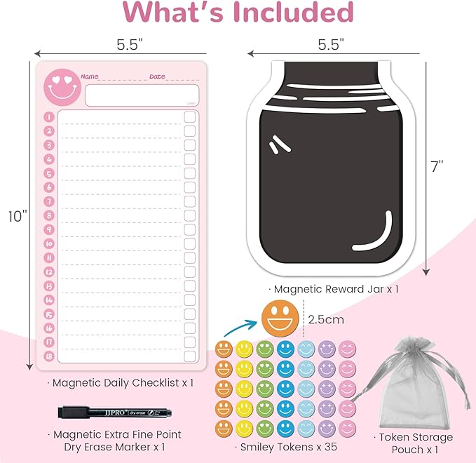 JJPRO Magnetic Daily Checklist for Kids with Smiley Faces Reward Jar- 10" x5.5“ Home Chore Chart for Fridge,Daily to Do List Board for Toddlers,Magnetic Reward Jar Positive Behavior Training -Pink