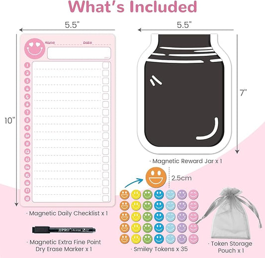 JJPRO Magnetic Daily Checklist for Kids with Smiley Faces Reward Jar- 10" x5.5“ Home Chore Chart for Fridge,Daily to Do List Board for Toddlers,Magnetic Reward Jar Positive Behavior Training -Pink