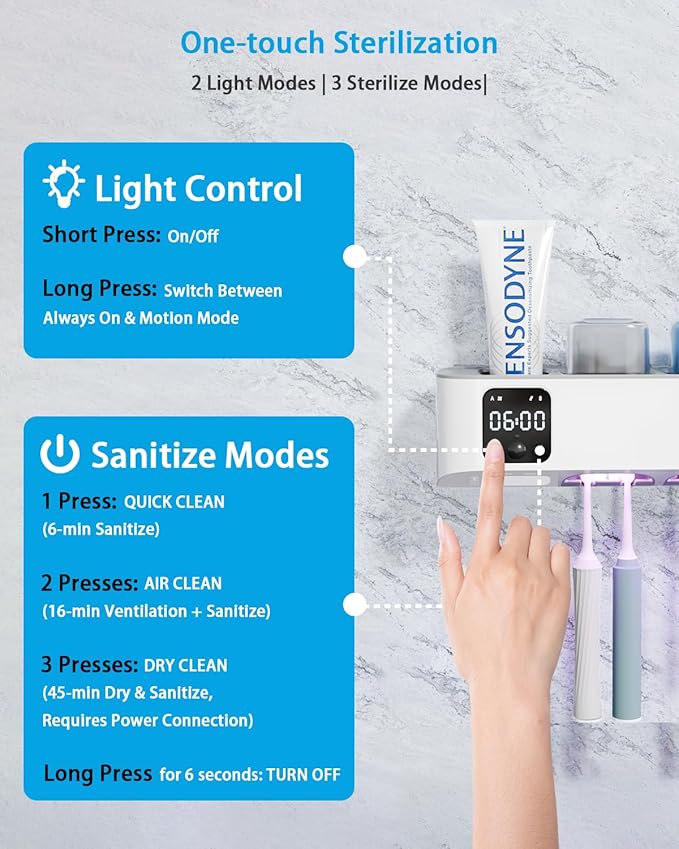 Toothbrush Holders Wall Mounted for Bathrooms, Toothbrush Holder - Smart Home & Bathroom Decor Tooth Brush Holders with 3 Cups, Features a Clock and auto Motion-Activated Night Light