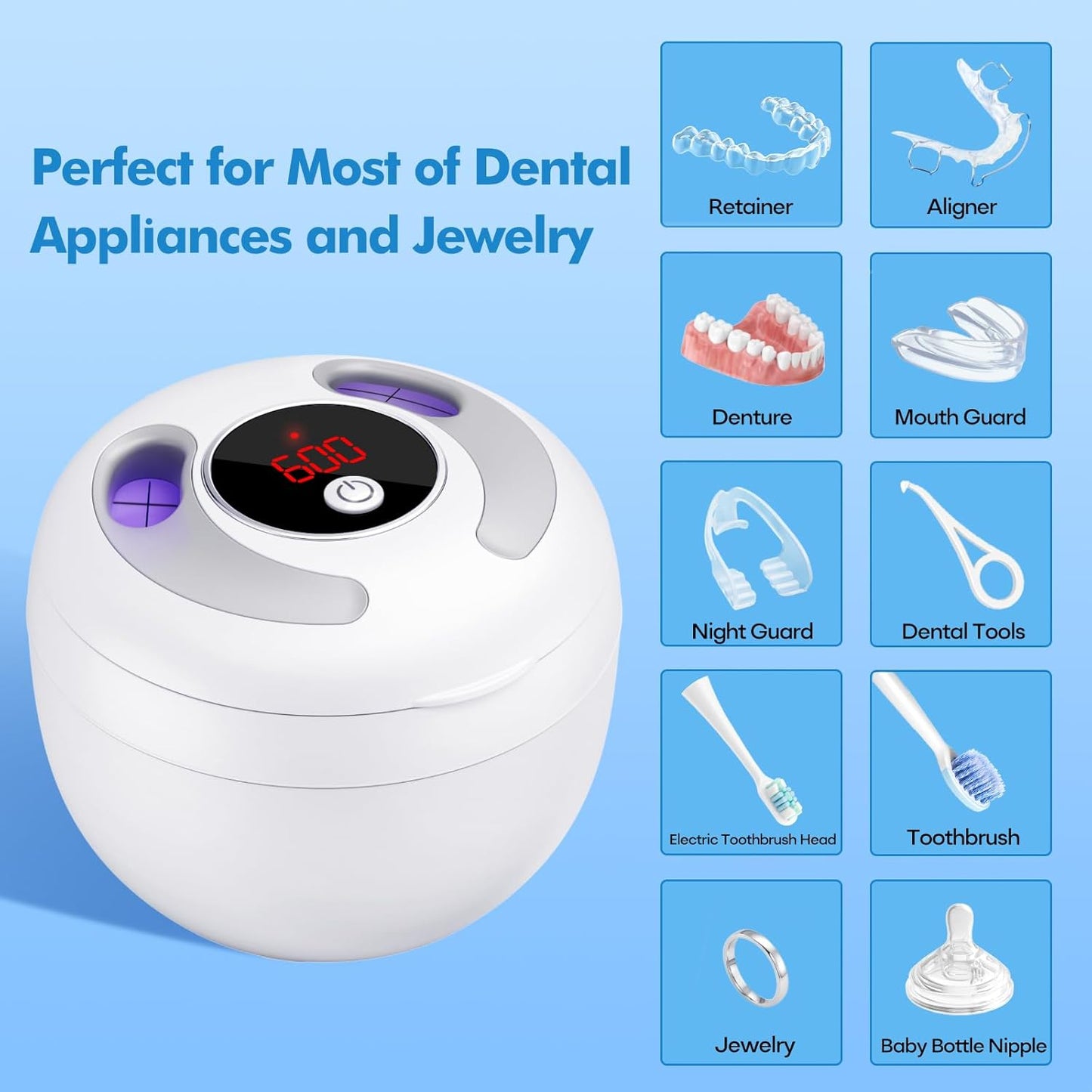 Upgraded Ultrasonic Retainer Cleaner Machine, 45kHz Ultrasonic Dentures Cleaner for Night Guards, Braces, Aligner, Toothbrush, Jewelry and More, 200ML Capacity, White