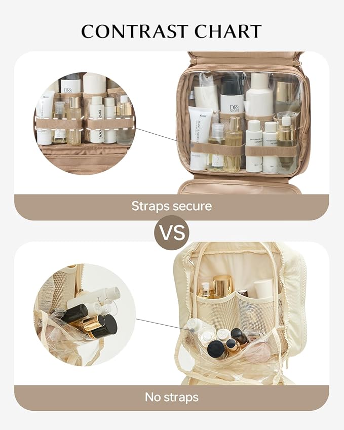 EACHY Travel Toiletry Bag with Hanging Hook, Portable Makeup Cosmetic Bags for Women, Water-Resistant Full-Size Travel Accessories (Pink)