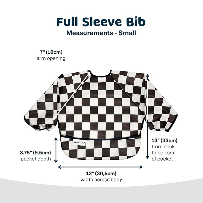 Tiny Twinkle Long Sleeve Bib for Babies & Toddlers – 2 Pack Waterproof Smock Bibs for Eating – Machine Washable & Mess-Proof, Baby Feeding Essential & Shower Must-Have (Black,Sage Checkers, 6-24M)