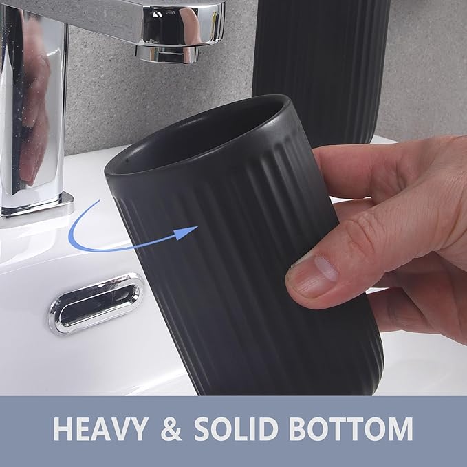 Matte Black Toothbrush Holders for Bathrooms - Black Ceramic Bathroom Tumbler Cups Reusable Toothbrush Cup Black Mouthwash Cup, 2 Cups Toothbrush Toothpaste Holders Set, Bathroom Counter Organizer