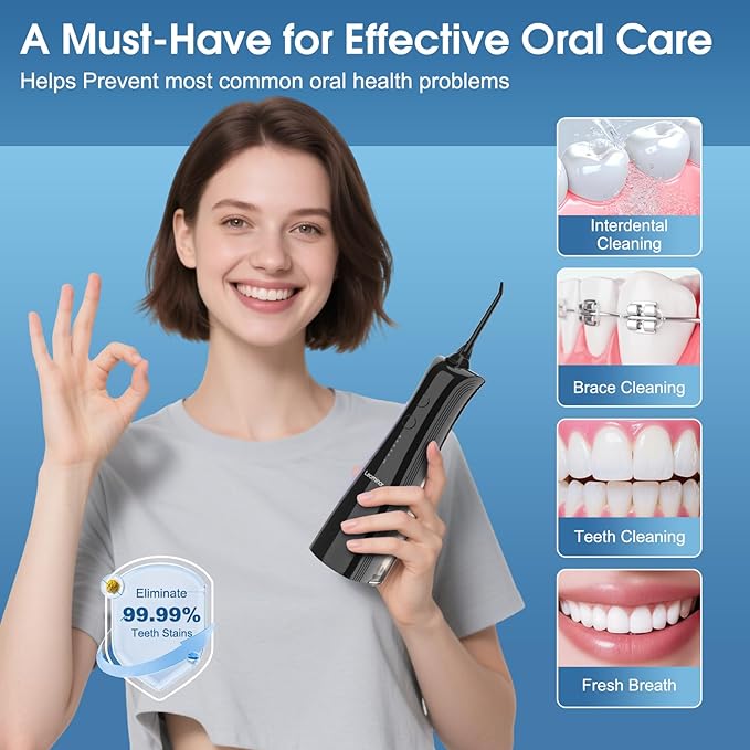 Leominor Water Dental Flosser - 5 Modes Cordless Portable Oral Irrigator, IPX7 Waterproof, Rechargeable Teeth Cleaner Upgrade Datchable Tank Professional Flossing Cleaning Pick for Home Travel (Black)